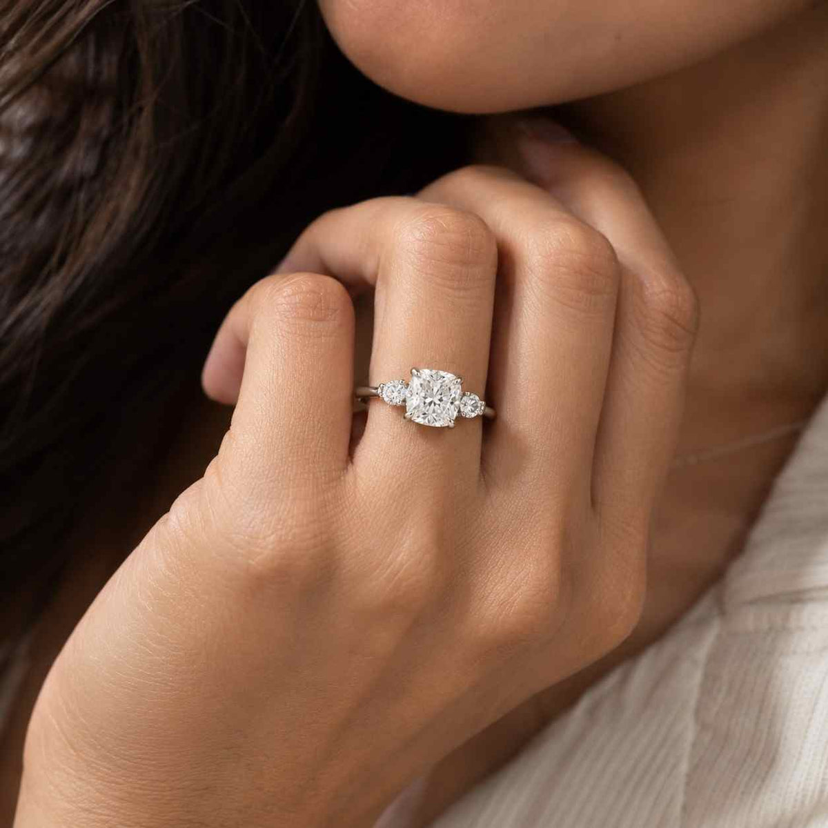 Cushion Cut Lab Grown Diamond Engagement Ring, Five Stone Diamond Ring, Vintage Inspired Bridal Ring, Gold Promise Ring
