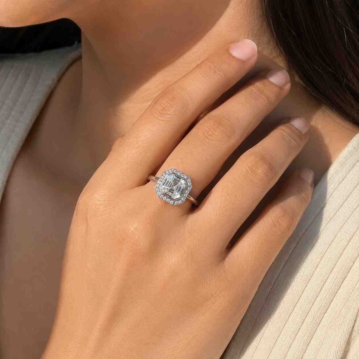 cushion cut lab grown diamond engagement ring | hidden halo with pave round diamonds | igi certified | 10k 14k 18k gold, platinum & silver 