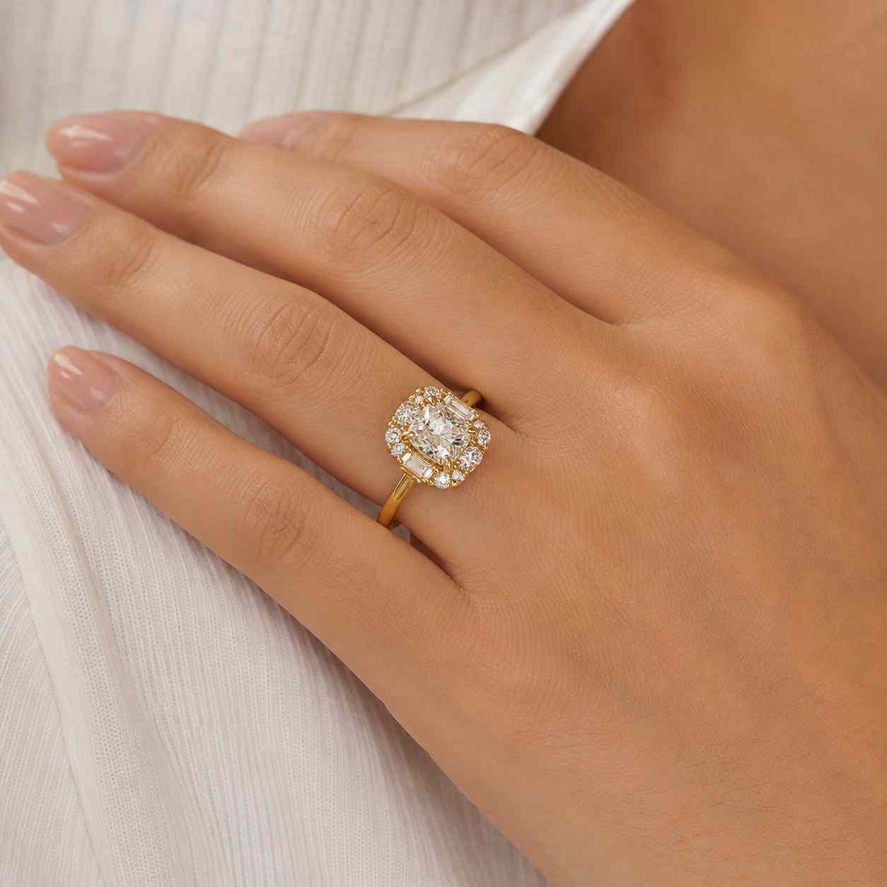 Cushion Cut Lab Grown Diamond Halo Engagement Ring, Pave Band