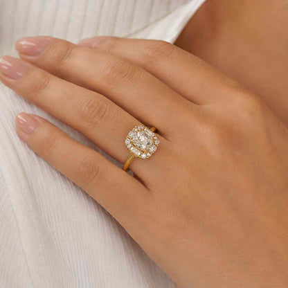 Cushion Cut Lab Grown Diamond Halo Engagement Ring, Pave Band