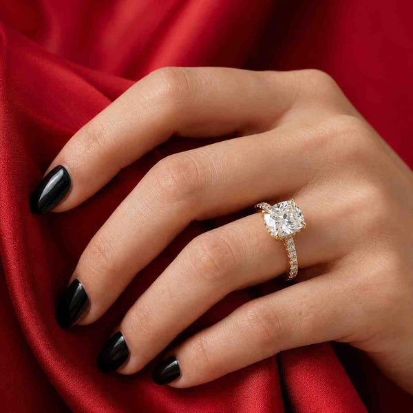 Cushion Cut Lab Grown Diamond Ring Solitaire Engagement Ring Hidden Halo Pave Setting Wedding Ring For Her Claw Prong Promise Ring For Women