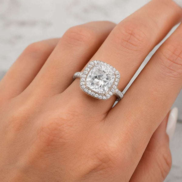 Cushion Cut Lab Grown Diamond Ring Solitaire Hidden Halo Engagement Ring Pave Cathedral Setting
