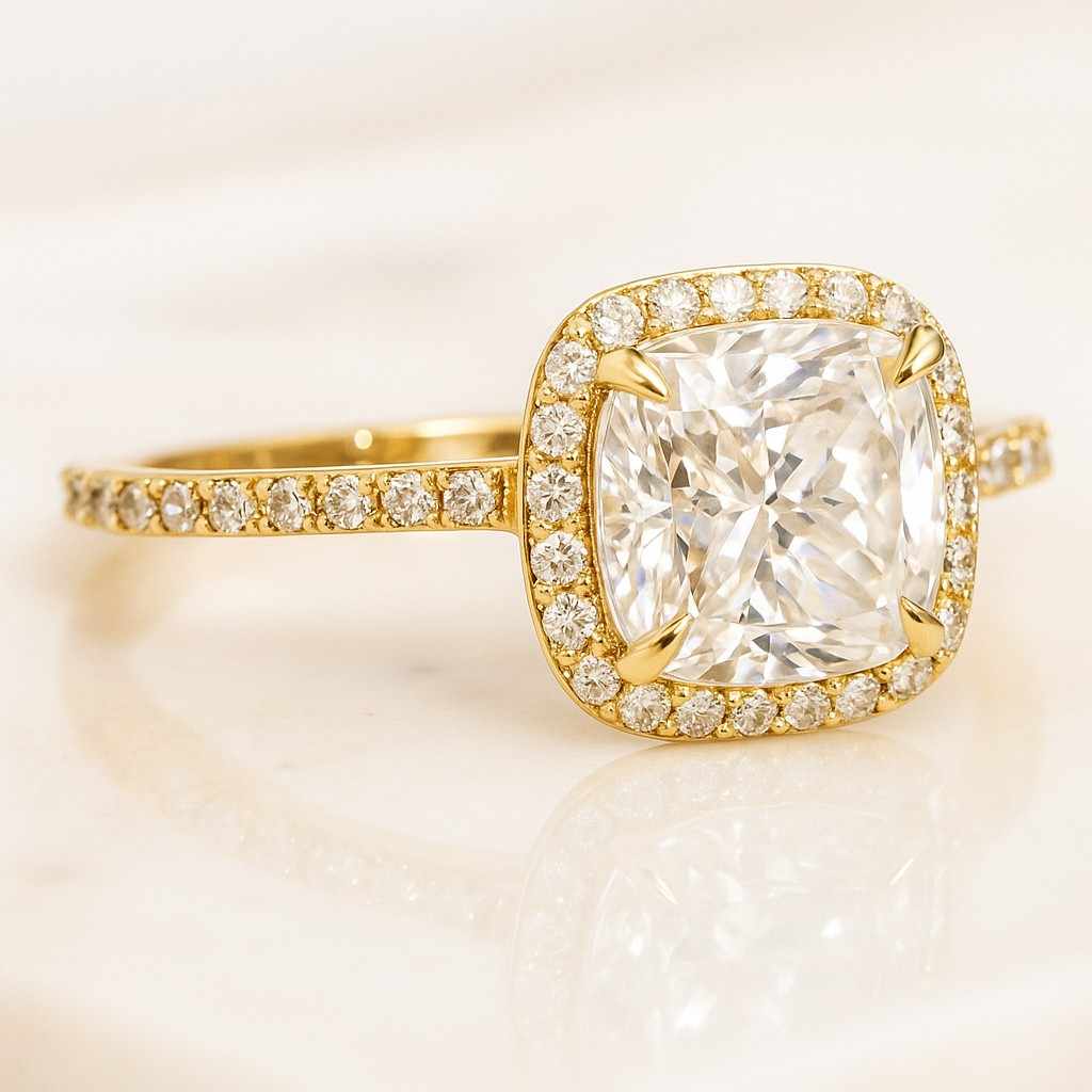 Cushion Cut Lab Grown Diamond Ring Solitaire Hidden Halo Engagement Ring Pave Cathedral Setting Anniversary Ring