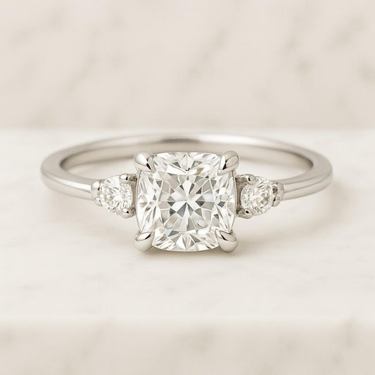Cushion Cut Lab Grown Diamond Ring Solitaire Hidden Halo Engagement Ring Pave Cathedral Setting Anniversary Ring For
