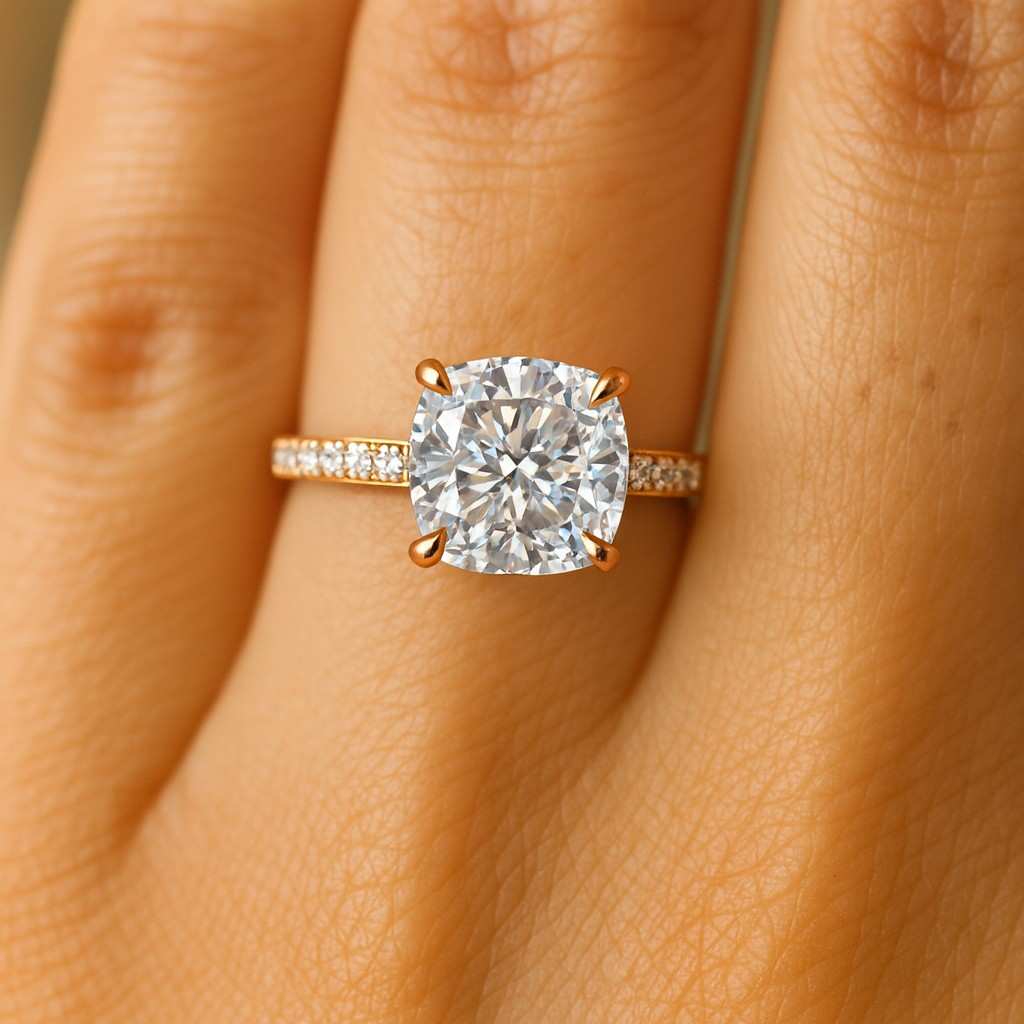 Cushion Cut Lab Grown Diamond Ring Solitaire Hidden Halo Engagement Ring Pave Cathedral Setting Anniversary Ring for Gift IGI Certified Ring