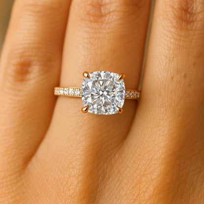 Cushion Cut Lab Grown Diamond Ring Solitaire Hidden Halo Engagement Ring Pave Cathedral Setting Anniversary Ring for Gift IGI Certified Ring