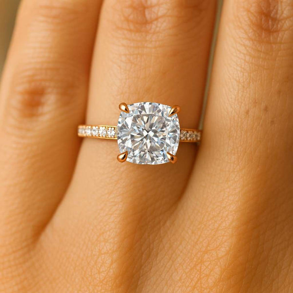 Cushion Cut Lab Grown Diamond Ring Solitaire Hidden Halo Engagement Ring Pave Cathedral Setting Anniversary Ring for Gift IGI Certified Ring