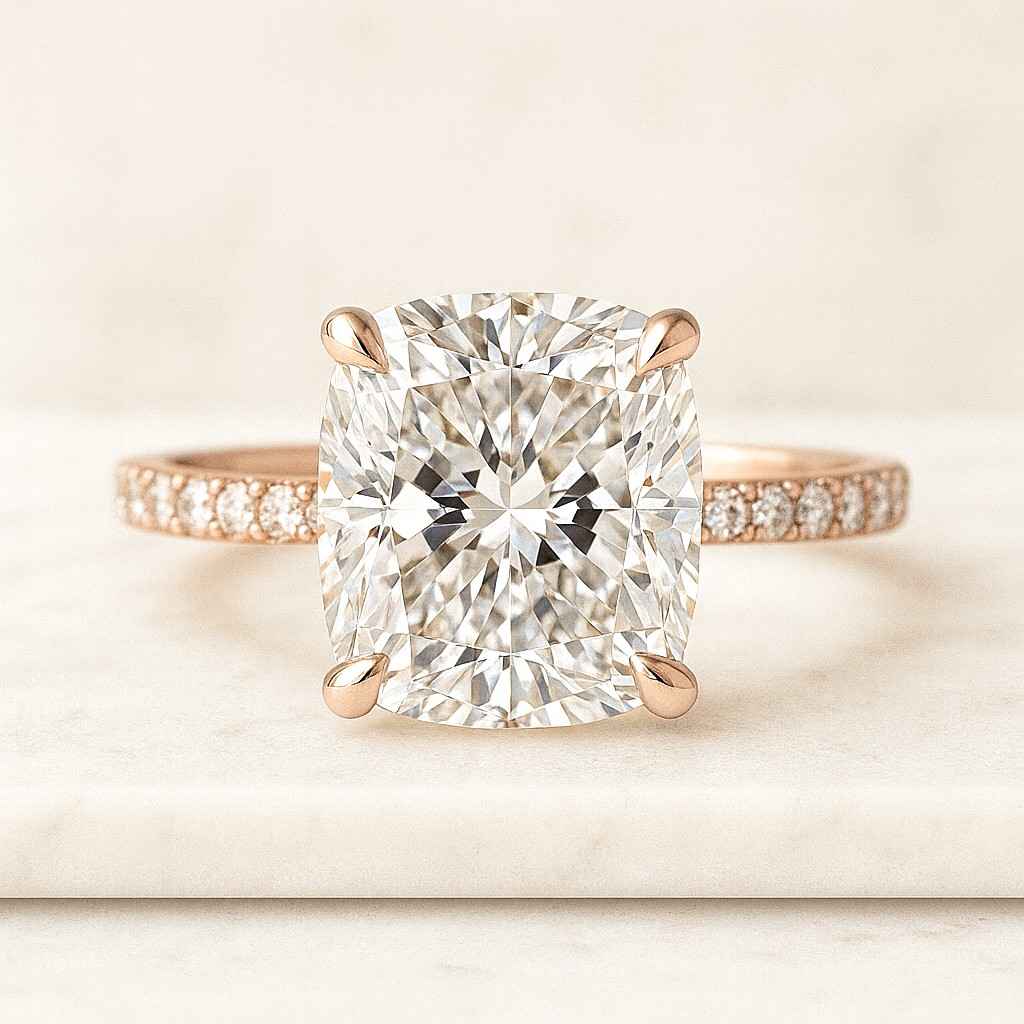 Cushion Cut Lab Grown Diamond Ring Solitaire Hidden Halo Engagement Ring Pave Cathedral Setting Anniversary Ring for