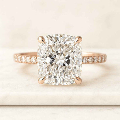 Cushion Cut Lab Grown Diamond Ring Solitaire Hidden Halo Engagement Ring Pave Cathedral Setting Anniversary Ring for