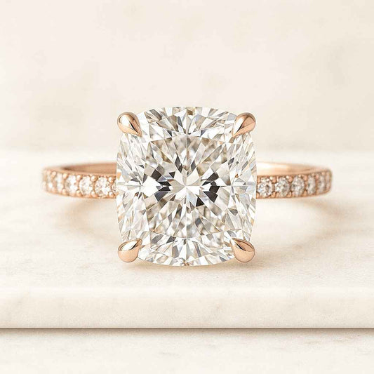 Cushion Cut Lab Grown Diamond Ring Solitaire Hidden Halo Engagement Ring Pave Cathedral Setting Anniversary Ring for