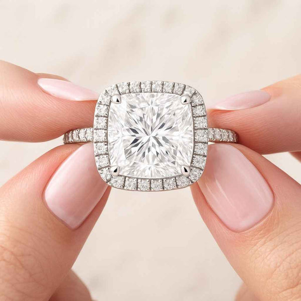 Cushion Cut Lab Grown Diamond Ring Solitaire Hidden Halo Engagement Ring Pave Cathedral Setting Anniversary Ring for