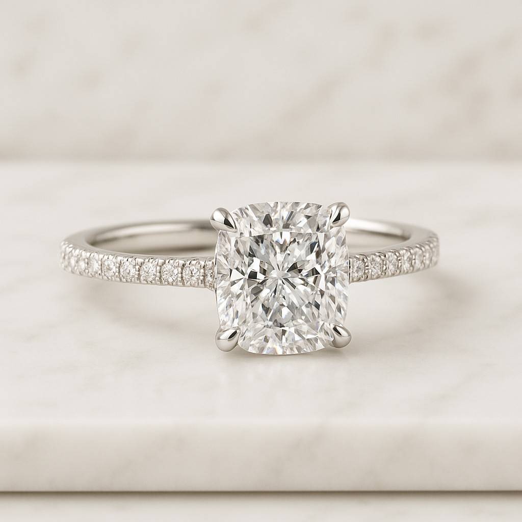 Cushion Cut Lab Grown Diamond Ring Solitaire Hidden Halo Engagement Ring Pave Cathedral Setting Anniversary Ring for