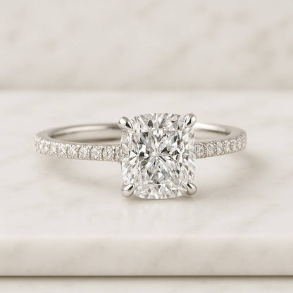 Cushion Cut Lab Grown Diamond Ring Solitaire Hidden Halo Engagement Ring Pave Cathedral Setting Anniversary Ring for