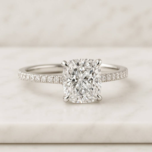 Cushion Cut Lab Grown Diamond Ring Solitaire Hidden Halo Engagement Ring Pave Cathedral Setting Anniversary Ring for