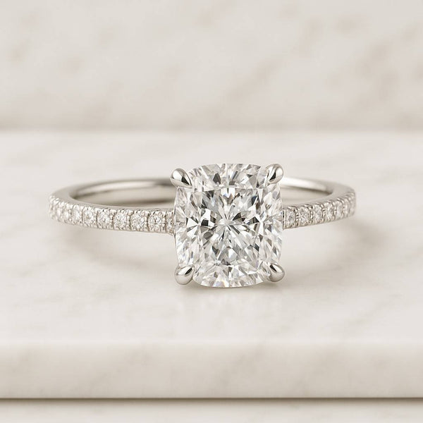 Cushion Cut Lab Grown Diamond Ring Solitaire Hidden Halo Engagement Ring Pave Cathedral Setting Anniversary Ring for