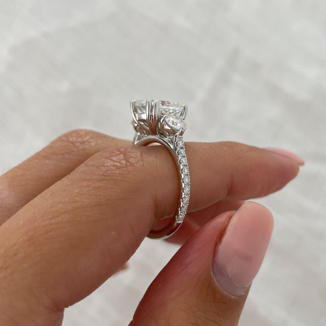 Cushion Cut Ring, Elongated Cushion, Three Stone Ring, Engagement Ring