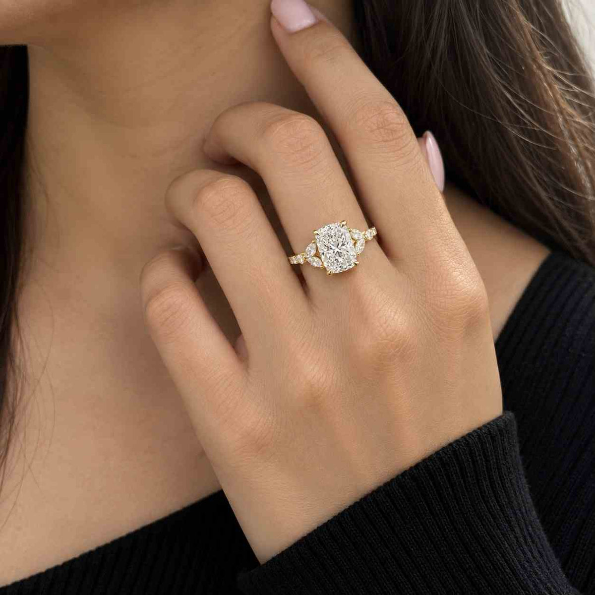 cushion cut three stone lab-grown diamond engagement ring
