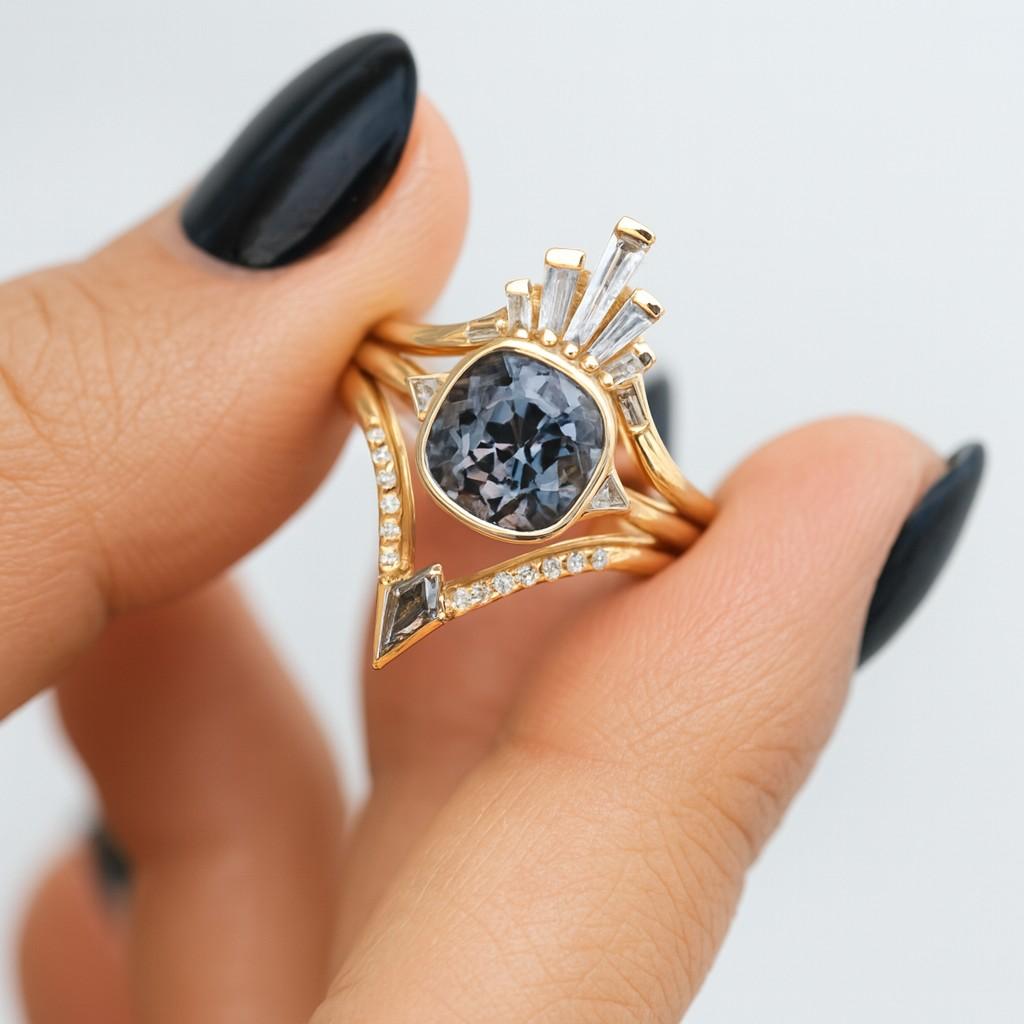 Cushion Emerald Baguette Diamond Ring Vivid Green Custom Fine Jewelry 18K Gold Statement Gemstone Engagement