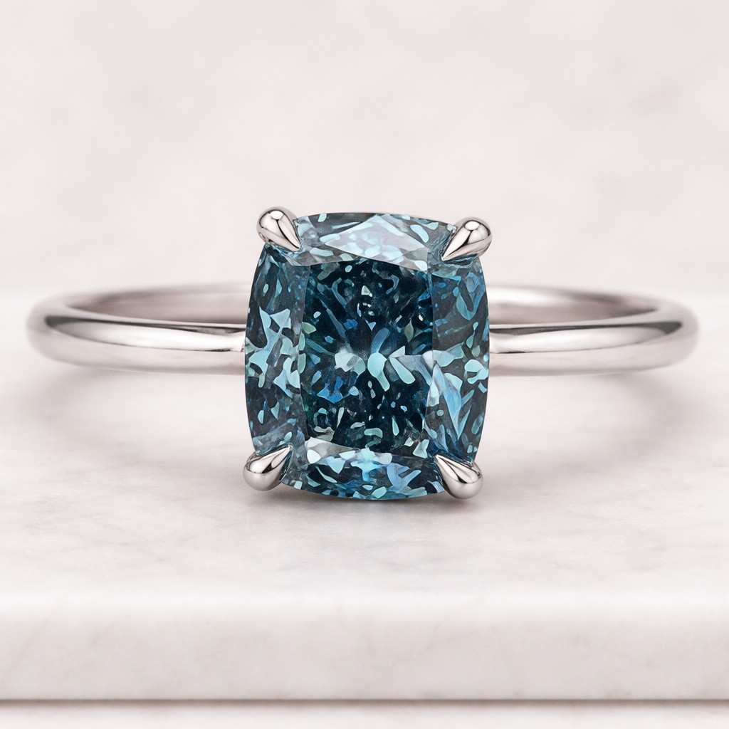 cushion fancy vivid blue solitaire ring