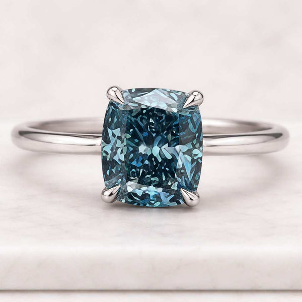 Cushion Fancy Vivid Blue Solitaire Ring