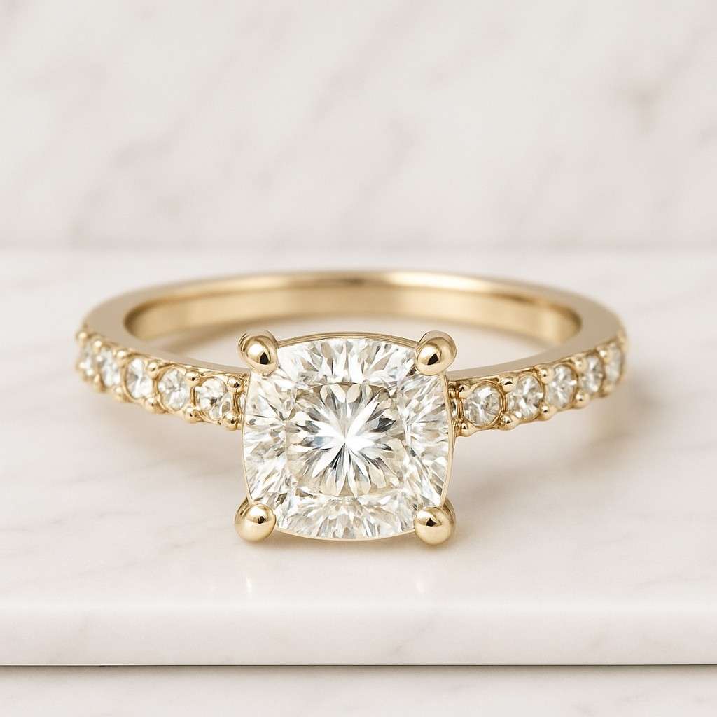 Cushion Lab Grown Diamond Engagement Ring Pave Band Yellow Gold