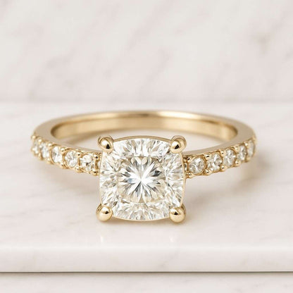 Cushion Lab Grown Diamond Engagement Ring Pave Band Yellow Gold