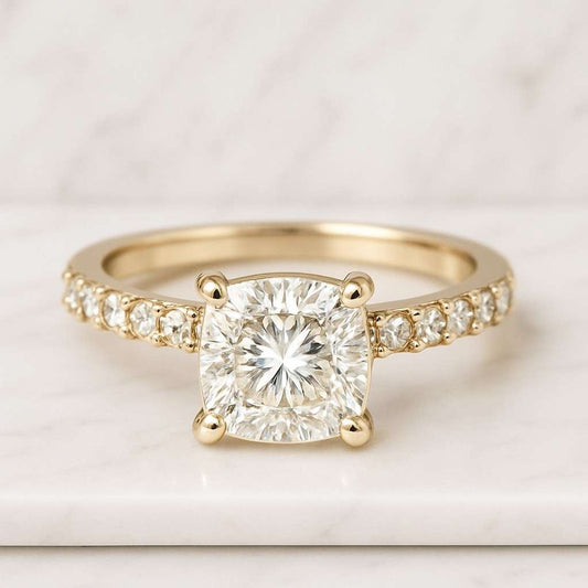 Cushion Lab Grown Diamond Engagement Ring Pave Band Yellow Gold
