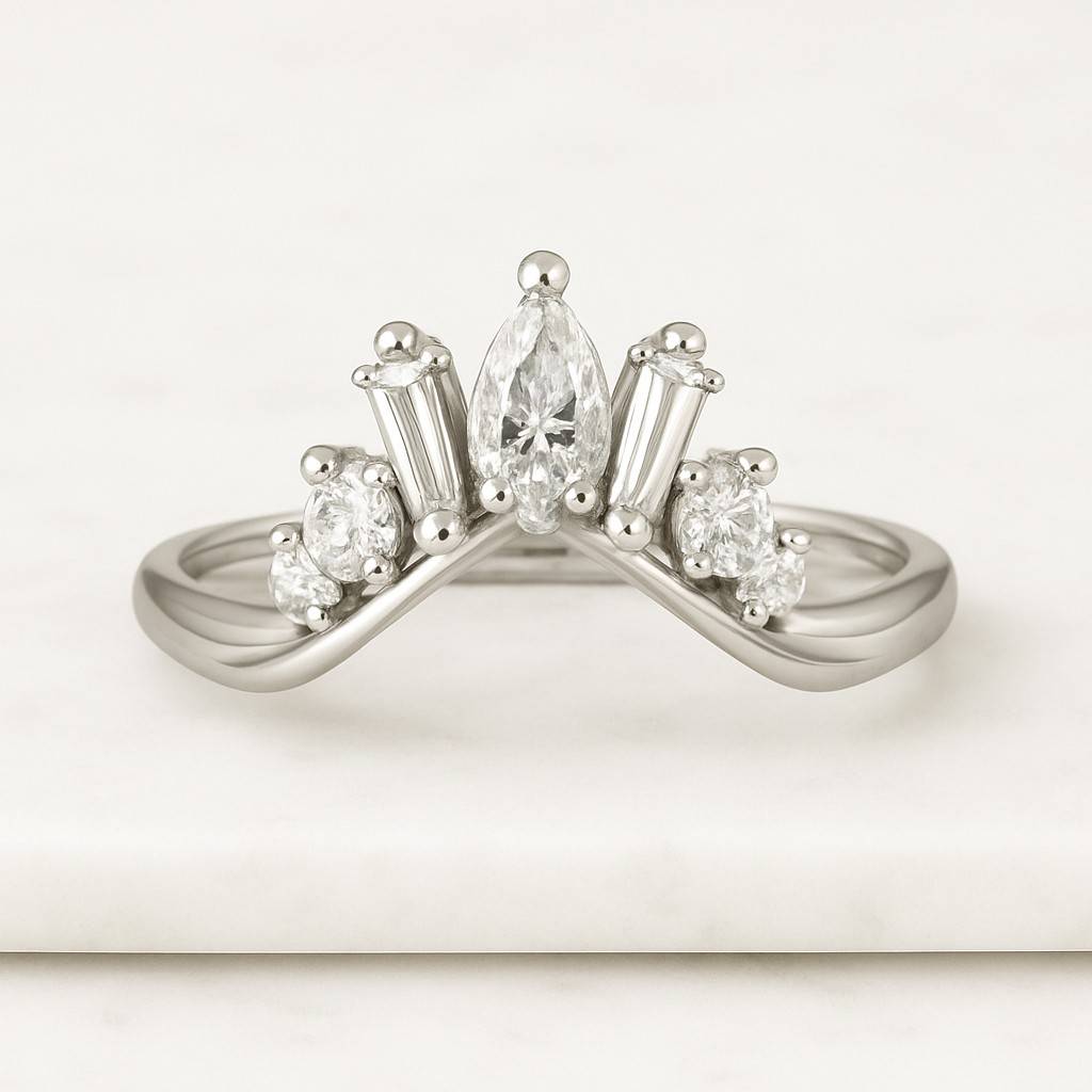 Prong Set Diamond Wedding Band Conflict Free Diamond Chevron Band 14K Solid Gold Band Anniversary Band Gift For Her