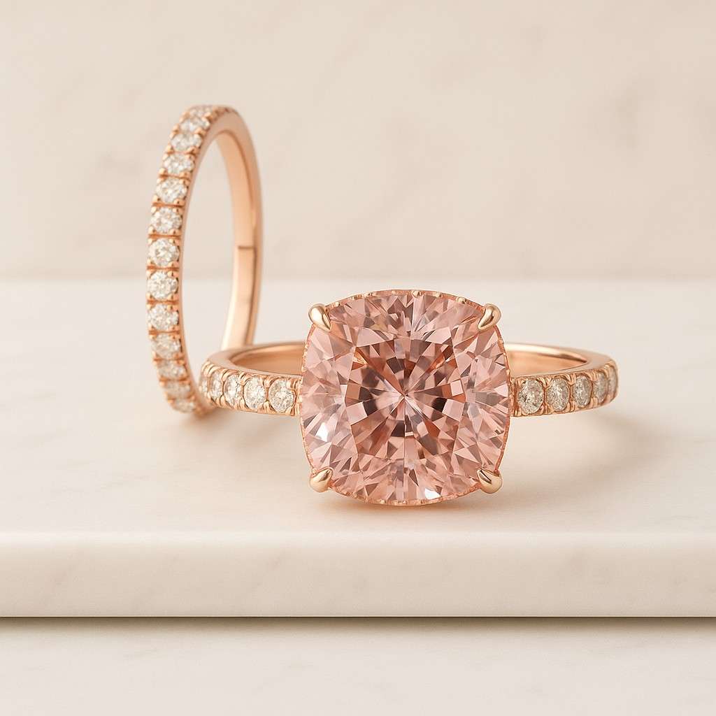 Custom 5CT Cushion Cut Pink Sapphire Ring With Eternity Band Halo Cathedral Set