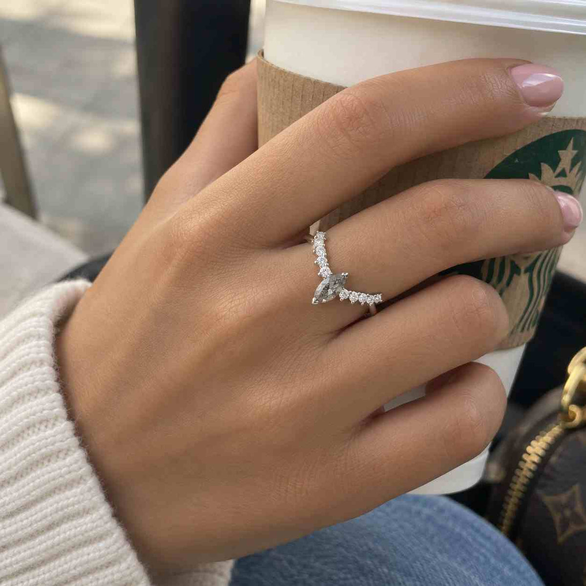 Custom Marquise Diamond Ring Curved Wedding Band for Engagement Ring Stackable Ring for Women Chevron Style Band Ring Enhancer for Solitaire