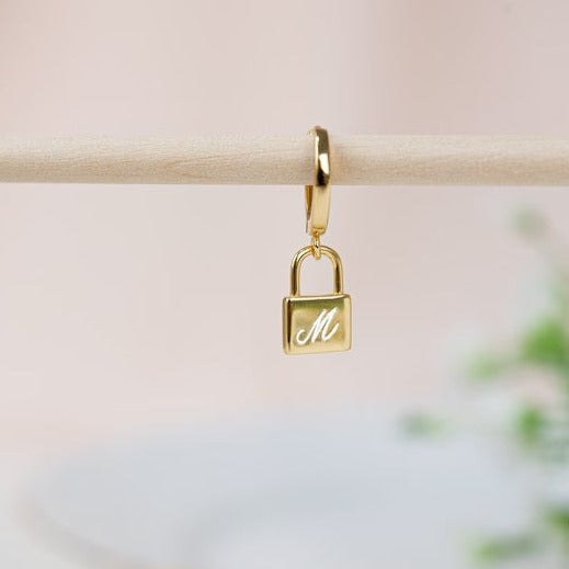 Custom Padlock Charm Huggie Hoop Earrings - Love Lock