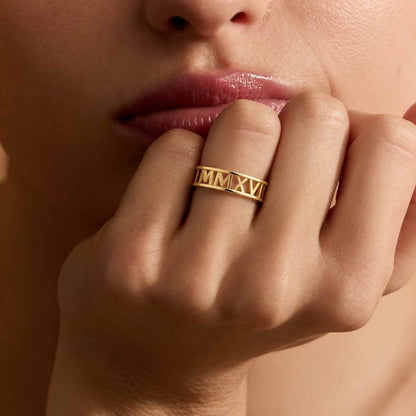 Custom Roman Numeral Band Ring, Personalized Initial Cutout Design, Handmade Jewelry
