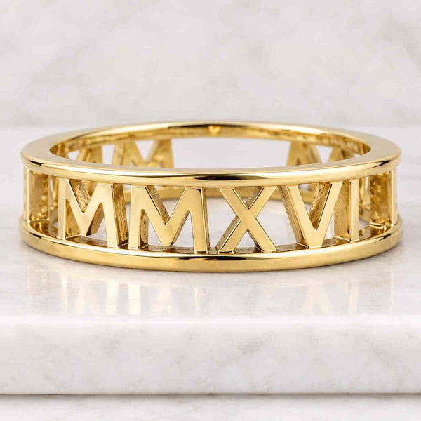 Custom Roman Numeral Ring, 14k Solid Gold Engraved Roman Numeral Date Band, Personalized Gold Ring, Meaningful Jewelry Gift, Birthday Gift
