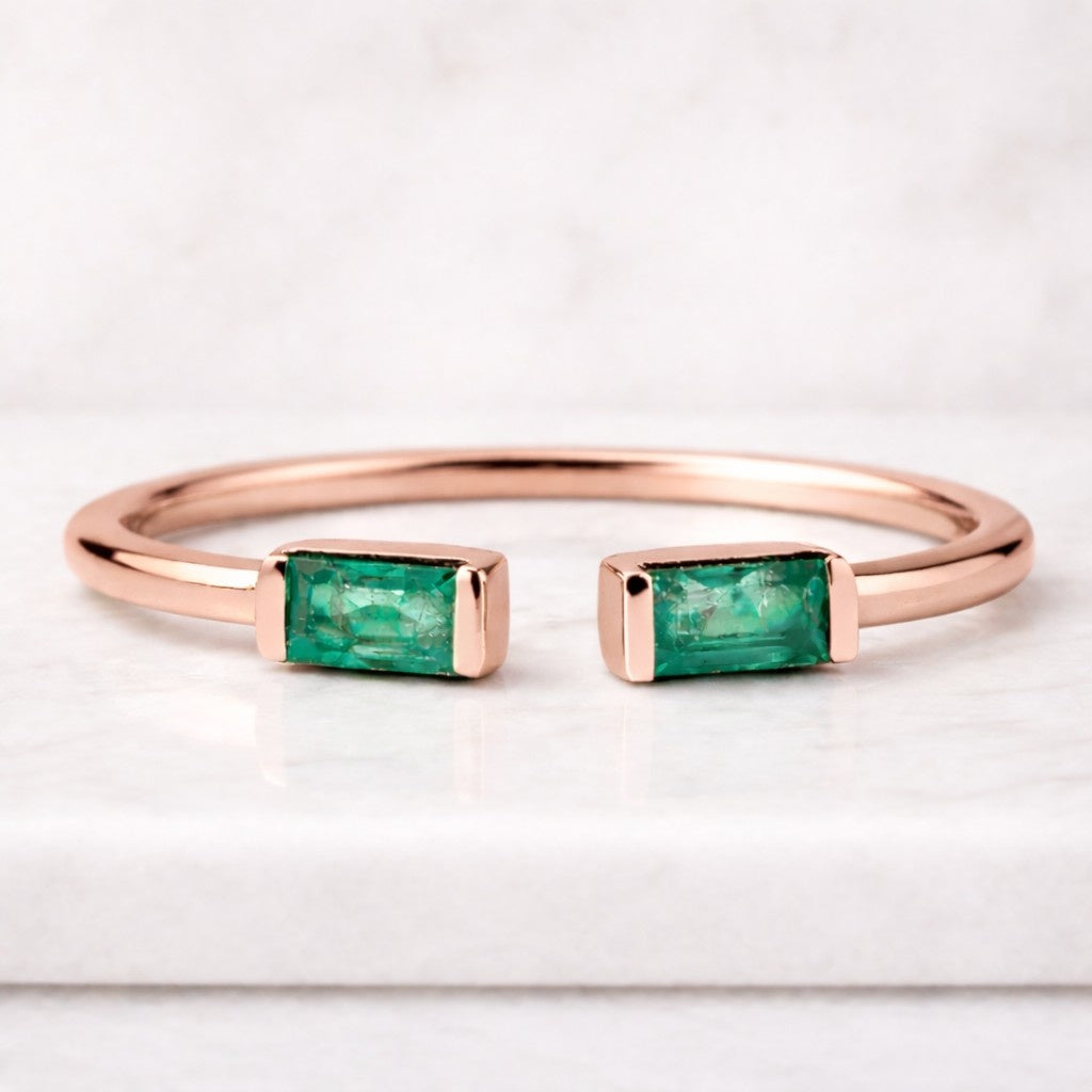 Emerald Gemstone Open Ring, 14k Gold Open End Emerald Ring, Simple Dainty Unique Charming Ring, 2 Stone Gap Ring, Birthstone Jewelry Gift
