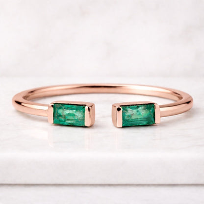 Emerald Gemstone Open Ring, 14k Gold Open End Emerald Ring, Simple Dainty Unique Charming Ring, 2 Stone Gap Ring, Birthstone Jewelry Gift
