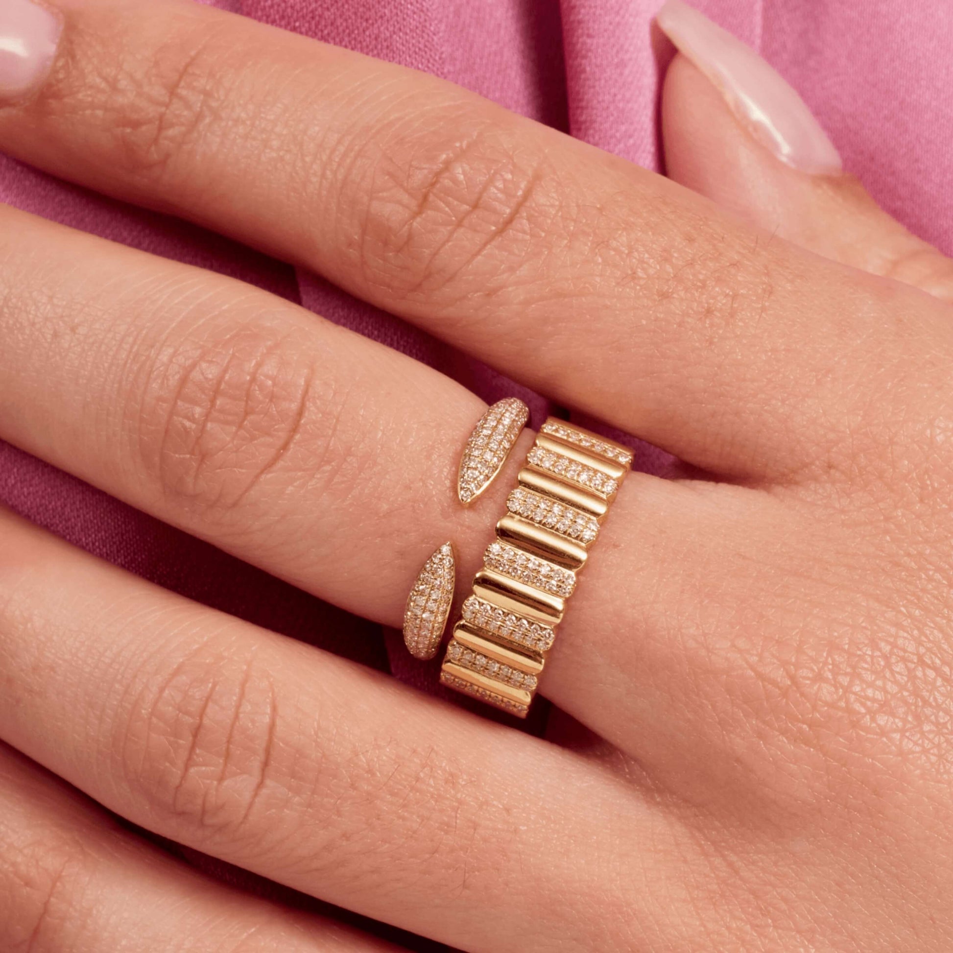 Customizable Open Gap Diamond Wedding Band with Three-Sided Pave Stones