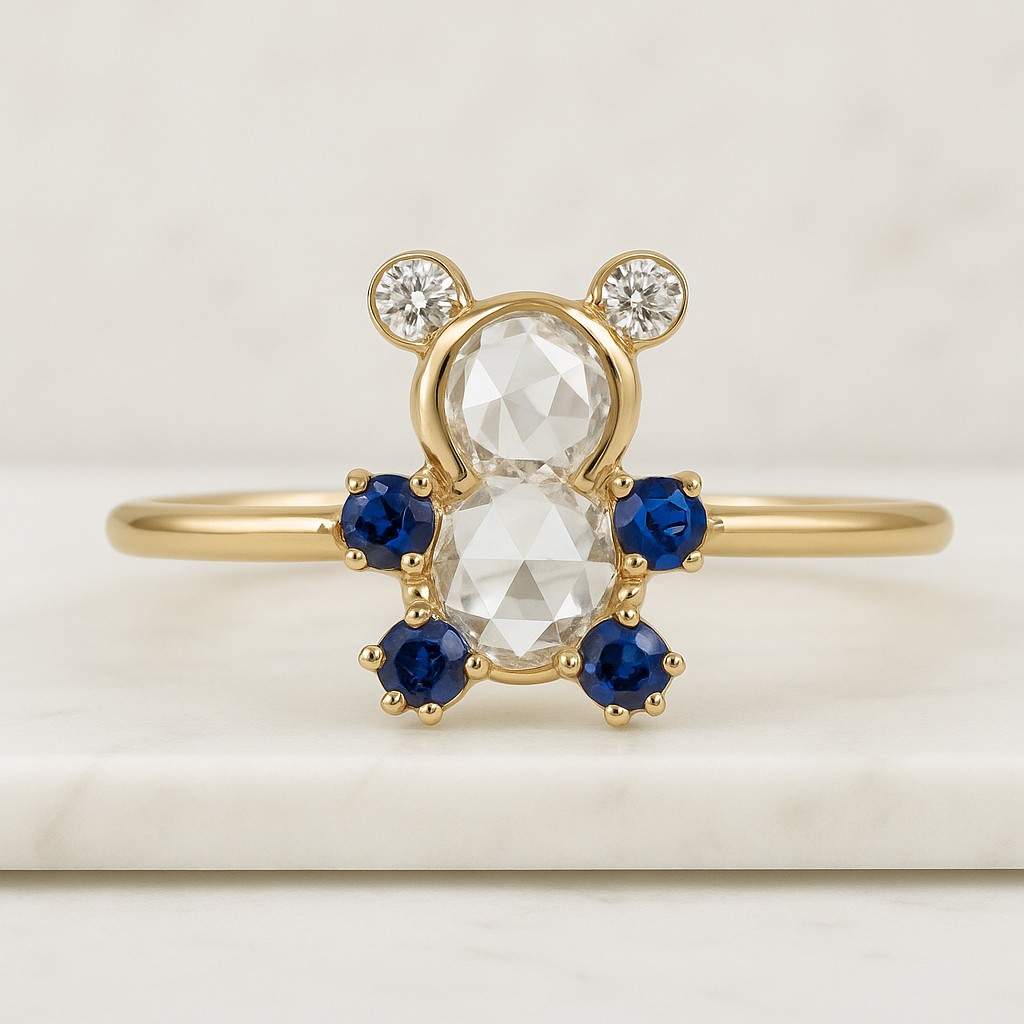 Cute Teddy Bear Ring Round Rose Cut Colorless Moissanite Bezel Set Ring, 10K14K18K Solid Gold Ring, Friendship Ring, Perfect Gift For Her