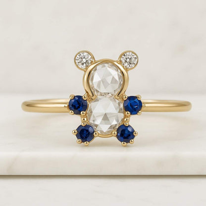 Cute Teddy Bear Ring Round Rose Cut Colorless Moissanite Bezel Set Ring, 10K14K18K Solid Gold Ring, Friendship Ring, Perfect Gift For Her
