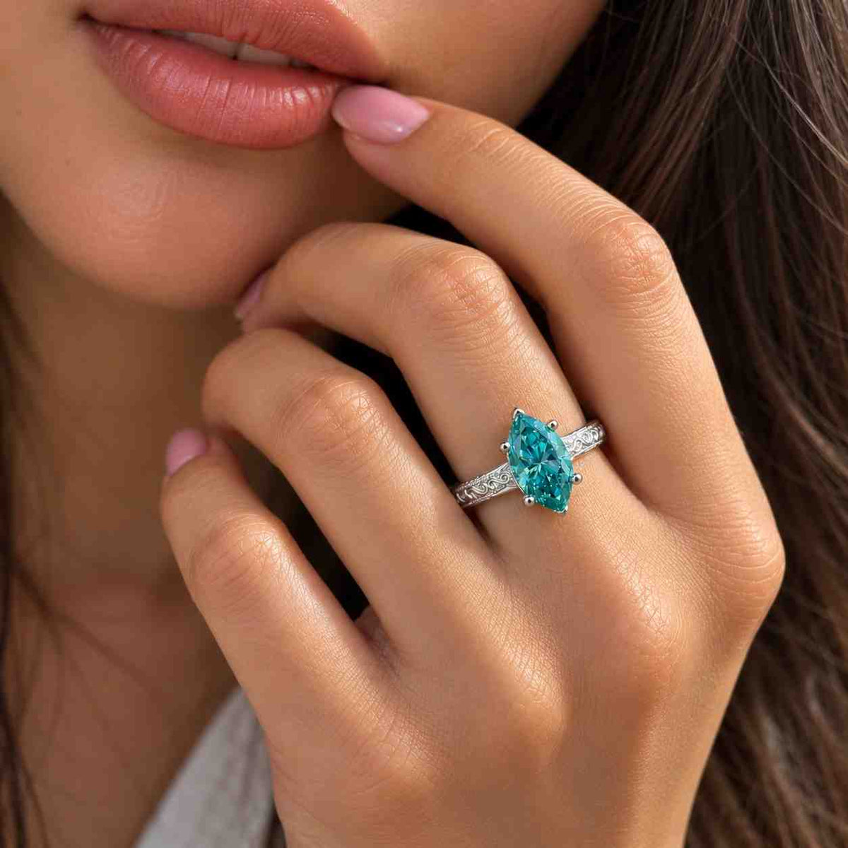 cyan blue marquise cut moissanite three stone engagement rings for women, claw prong wedding gift for her, colored marquise proposal ring