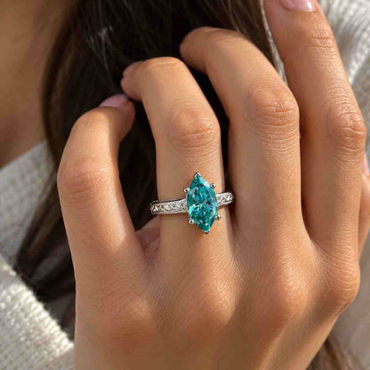 Cyan Blue Moissanite Engagement Ring Dutch Marquise Ring Alternative Diamond Band Side Marquise Round Stone Hidden Halo Ring Claw Prong