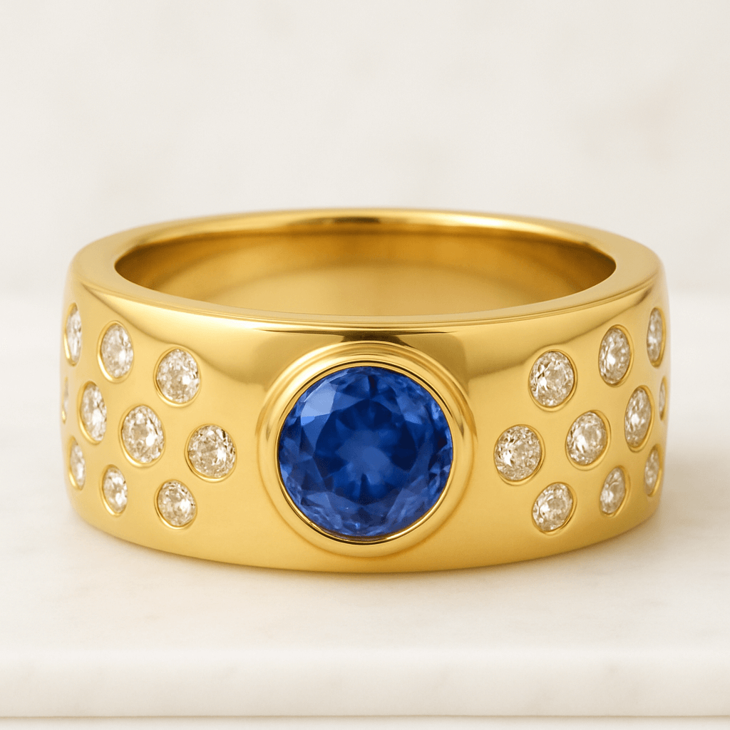 Blue Round Cut Diamond Flush Set Wedding Band Ring