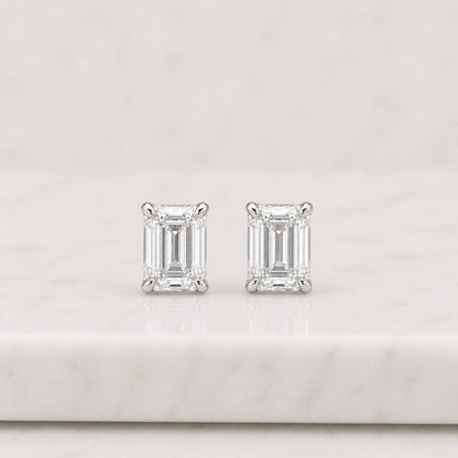 Emerald Cut Lab Grown Diamond Solitaire Earrings / 14K White Gold Stud Earrings Available on Various Sizes / Minimalist Earrings For Her
