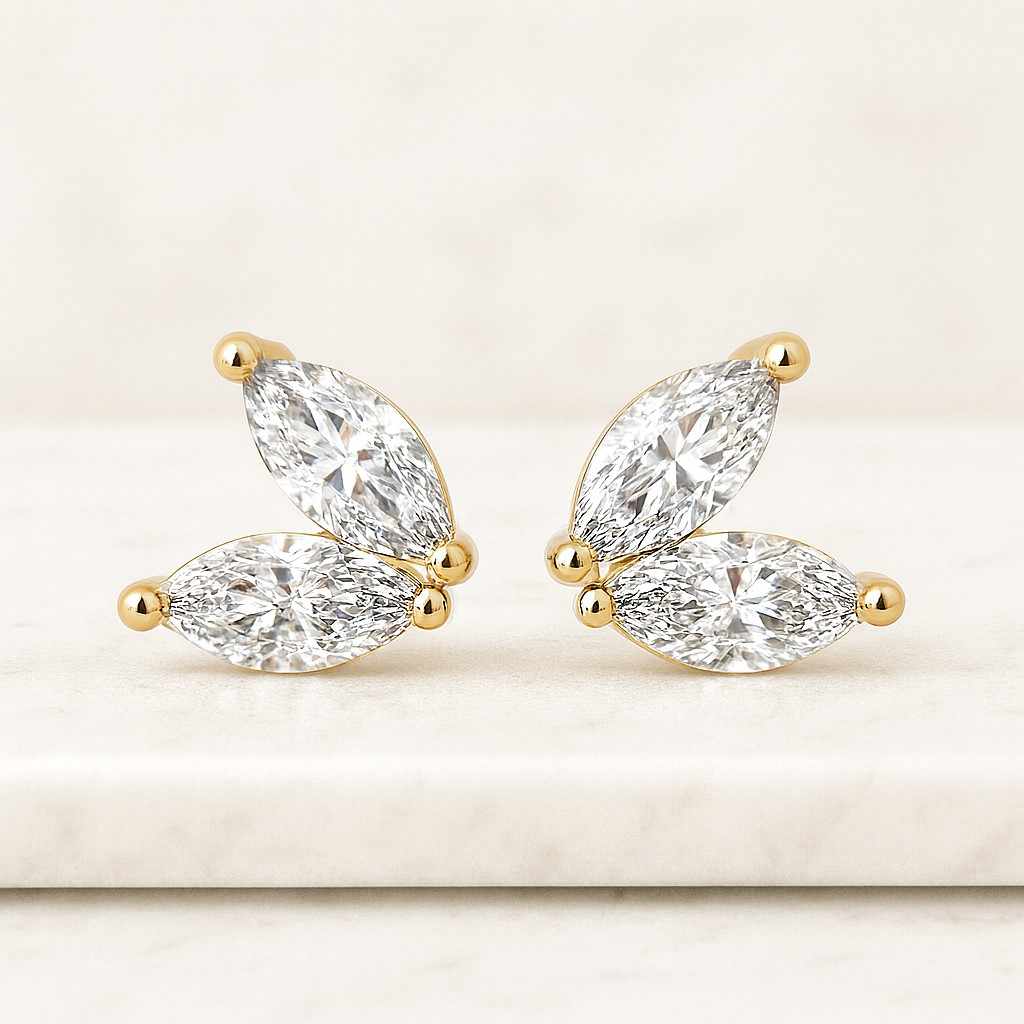 Dainty 2 Marquise Cz Flower Shaped Stud Earrings - Available in 5 different colors