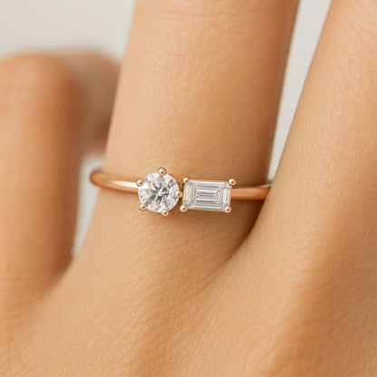 Dainty Baguette and Round Cut Diamond Half Eternity Ring 14K Gold Moissanite Wedding Band For Women East West Set Baguette Stackable Ring