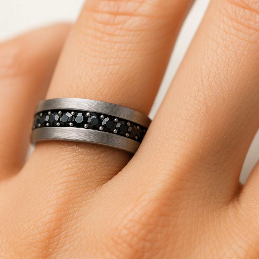 dainty black diamond stacking eternity ring gold minimalist ring full black diamond band wedding band micro pave yellow white rose gold