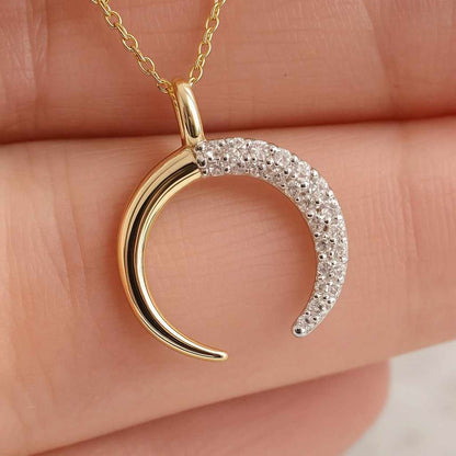 Dainty Crescent Moon Pendant Necklace 14K White Gold Half Moon Necklace For Her Round Moissanite Diamond Minimalist Necklace Gift For Her