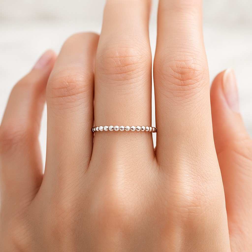 Dainty Diamond Promise Ring Minimalist Beaded Solitaire Ring Gold Delicate Bubble Stacking Band