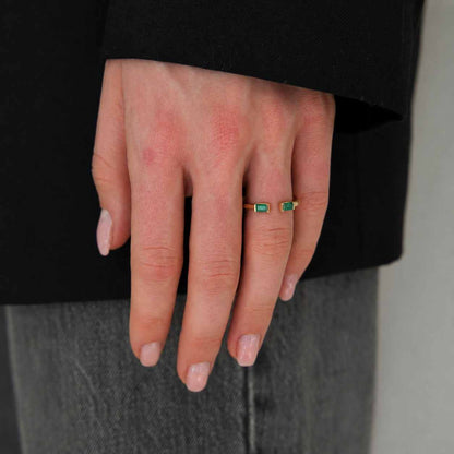 Dainty Gold Emerald Open Cuff Ring | Oval Emerald Stackable Band | May Birthstone Ring | Minimalist Gold Gemstone Jewelry Gift
