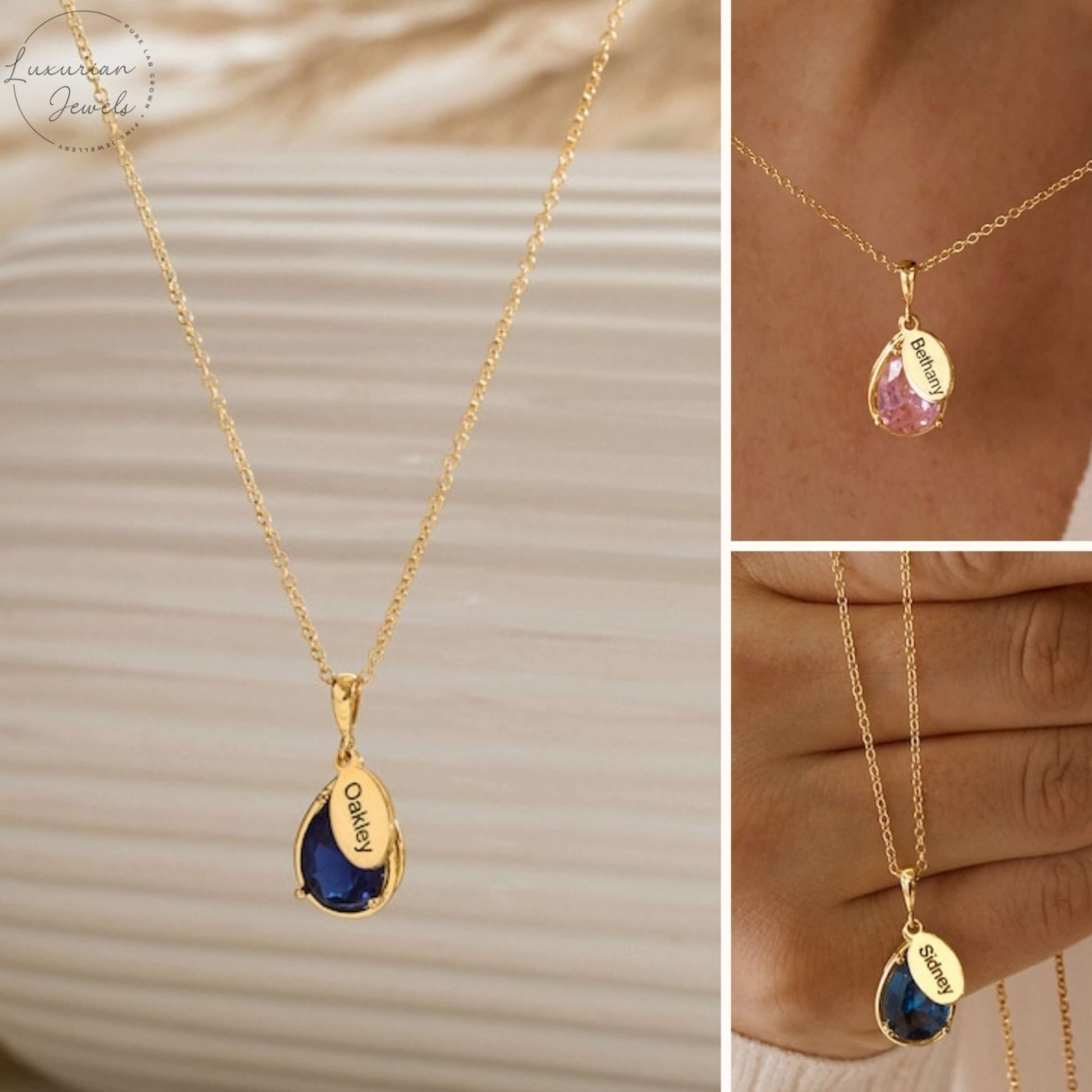 Dainty Gold Name and Birthstone Necklace with Name