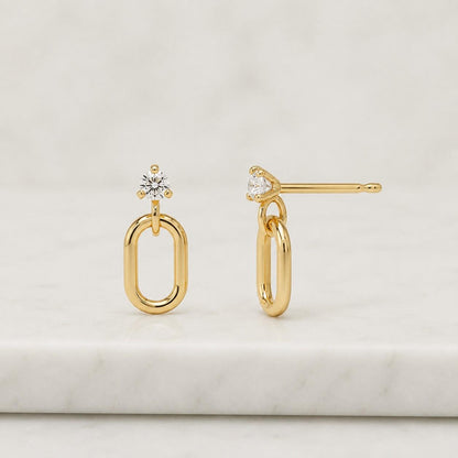 Dainty Oval Link Earrings, 14K Drop Earrings, Paperclip Push Back Earrings, Round Diamond Dangle Earrings 
